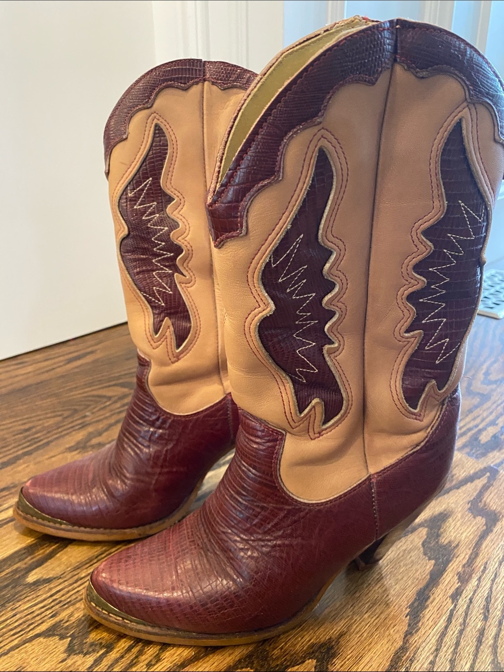 Vintage Zodiac Two-Tone Burgundy and Tan Western Heeled Boots